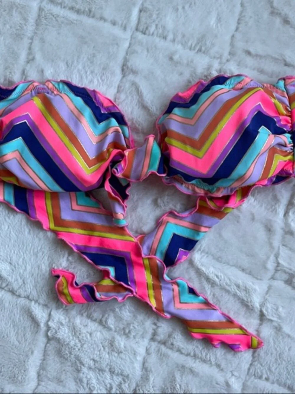 Victoria's Secret | Rainbow Foil Ruffle Chevron Stripe Bikini Top | Size Large